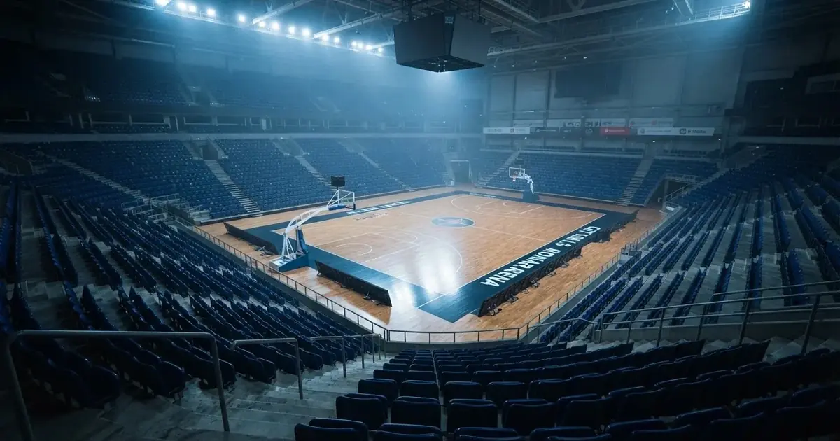 Eine leere Basketballhalle von einer oberen Tribünenreihe aus gesehen, Parkett und Körbe im Licht der Hallenstrahler.
