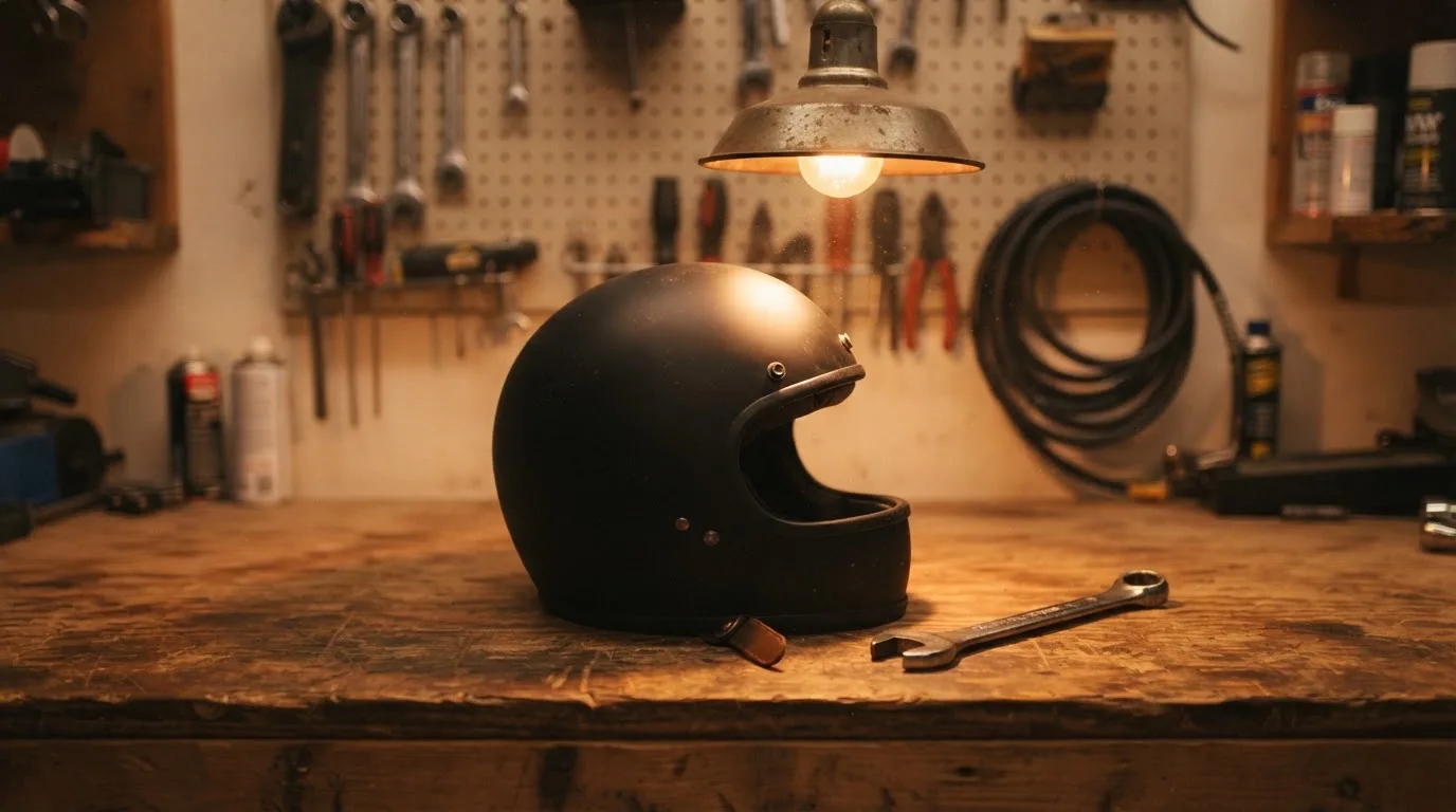 Ein schwarzer Motorradhelm ohne Aufdruck liegt auf einer Werkbank neben einem Schraubenschlüssel, warmes Licht einer Werkstatt.