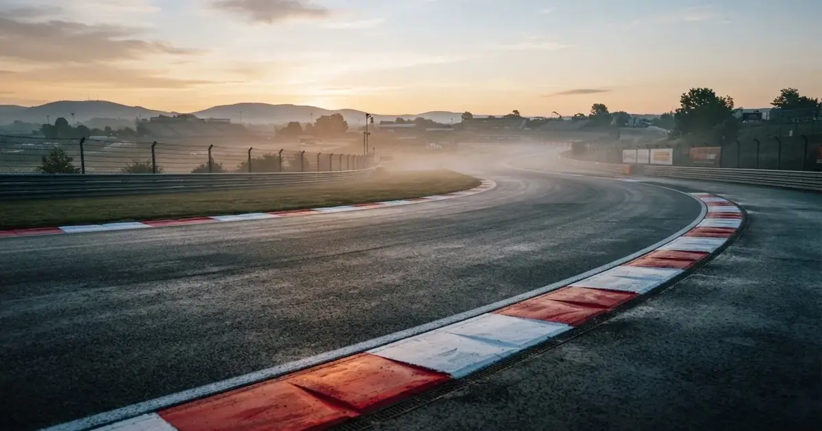 Eine leere Rennstrecke mit rot-weißen Randsteinen im frühen Morgenlicht, auf dem Asphalt liegt dünner Nebel, keine Fahrzeuge.