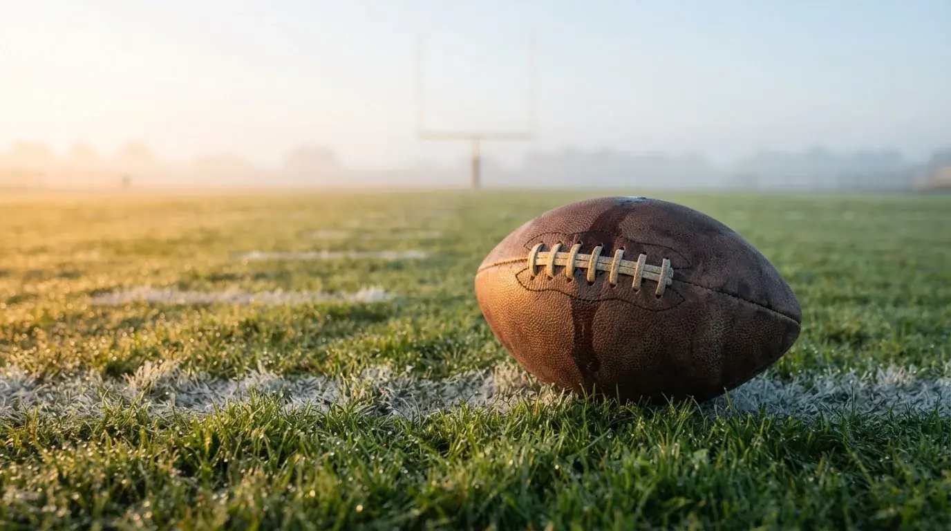 Ein ovaler Lederball mit heller Schnürung liegt auf dem Rasen vor der Endzone, Tau auf dem Gras im ersten Morgenlicht.