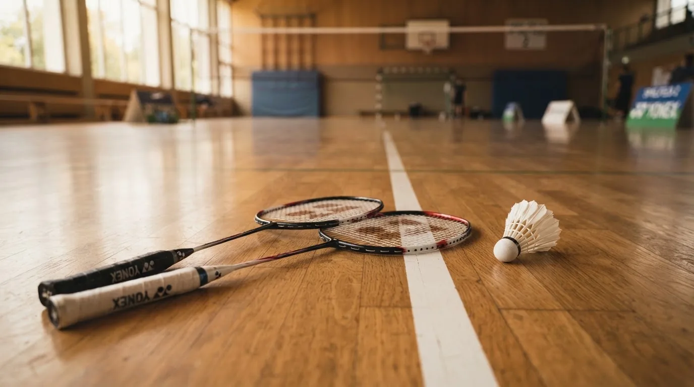 Zwei Badmintonschläger und ein Federball liegen auf einem Holzboden neben der Seitenlinie, weiches Licht fällt von der Seite ein.