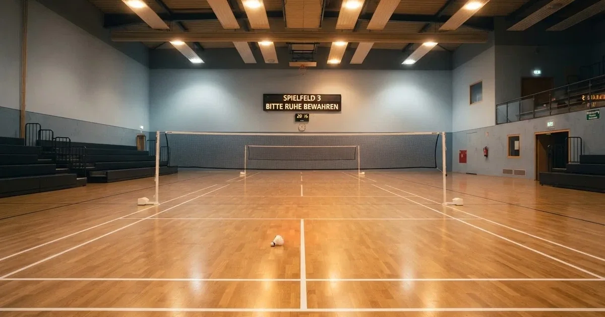 Eine leere Badmintonhalle mit gespanntem Netz und hellen Hallenlichtern, ein Federball liegt auf dem Hallenboden.