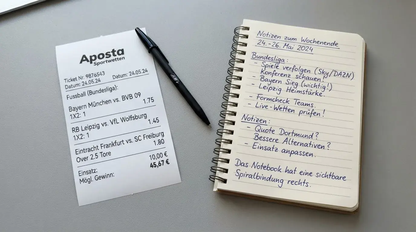 Ein leerer Papierwettschein und ein Kugelschreiber auf einer glatten Schreibtischplatte, daneben ein aufgeschlagenes Notizbuch mit handschriftlichen Notizen.